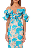 blue Jacquard New Fashion Sexy V-Neck Off Shoulder Elegant Party dress..