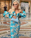 blue Jacquard New Fashion Sexy V-Neck Off Shoulder Elegant Party dress..