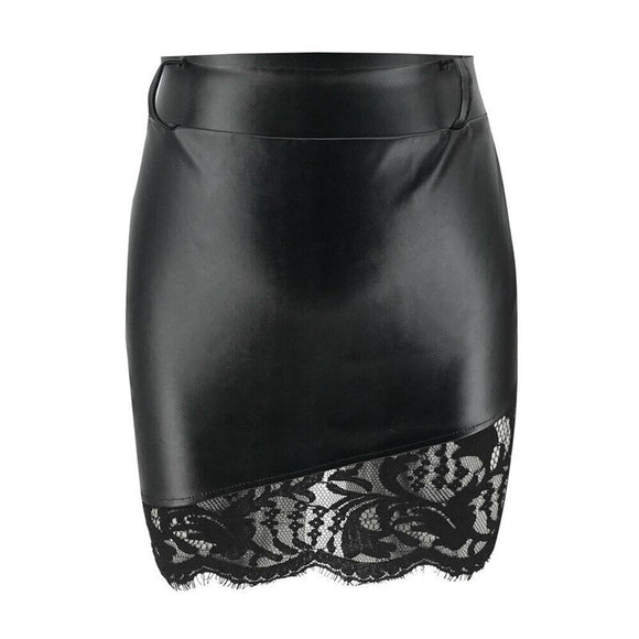 Black Lace Leather High Mini Pencil Skirt...