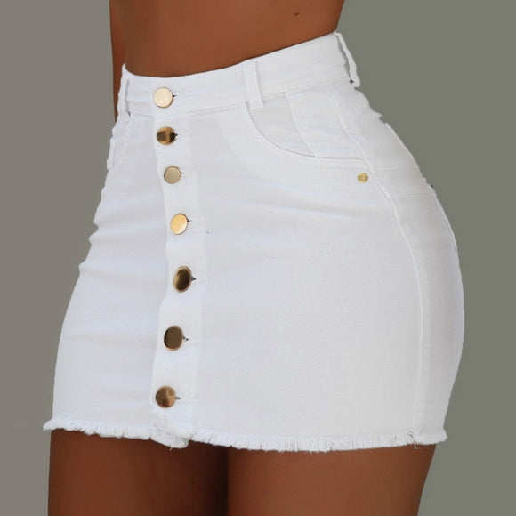 White Button Denim Mini Skirts...