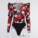 Red Floral Puff Sleeve Print Bodysuits  ...