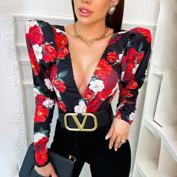 Red Floral Puff Sleeve Print Bodysuits  ...
