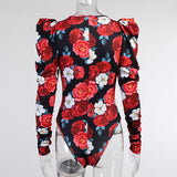 Red Floral Puff Sleeve Print Bodysuits  ...