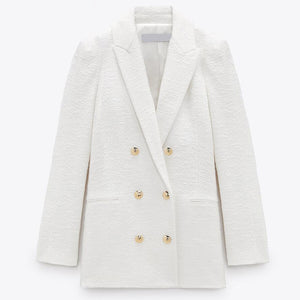 White Chic Button Suit Tweed Blazers...