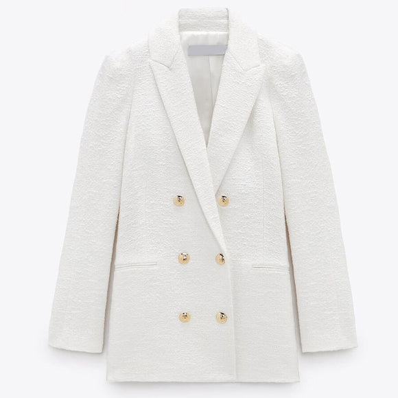 White Chic Button Suit Tweed Blazers...