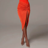 Orange Drawstring Pencil Midi Skirt...