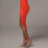 Orange Drawstring Pencil Midi Skirt...