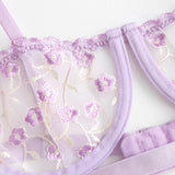 Purple Embroidered Mesh Lingerie Set...