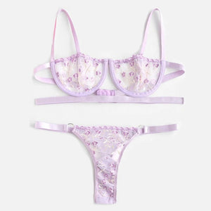 Purple Embroidered Mesh Lingerie Set...