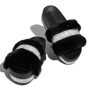 Fur Slippers Platform Wedges Heel...